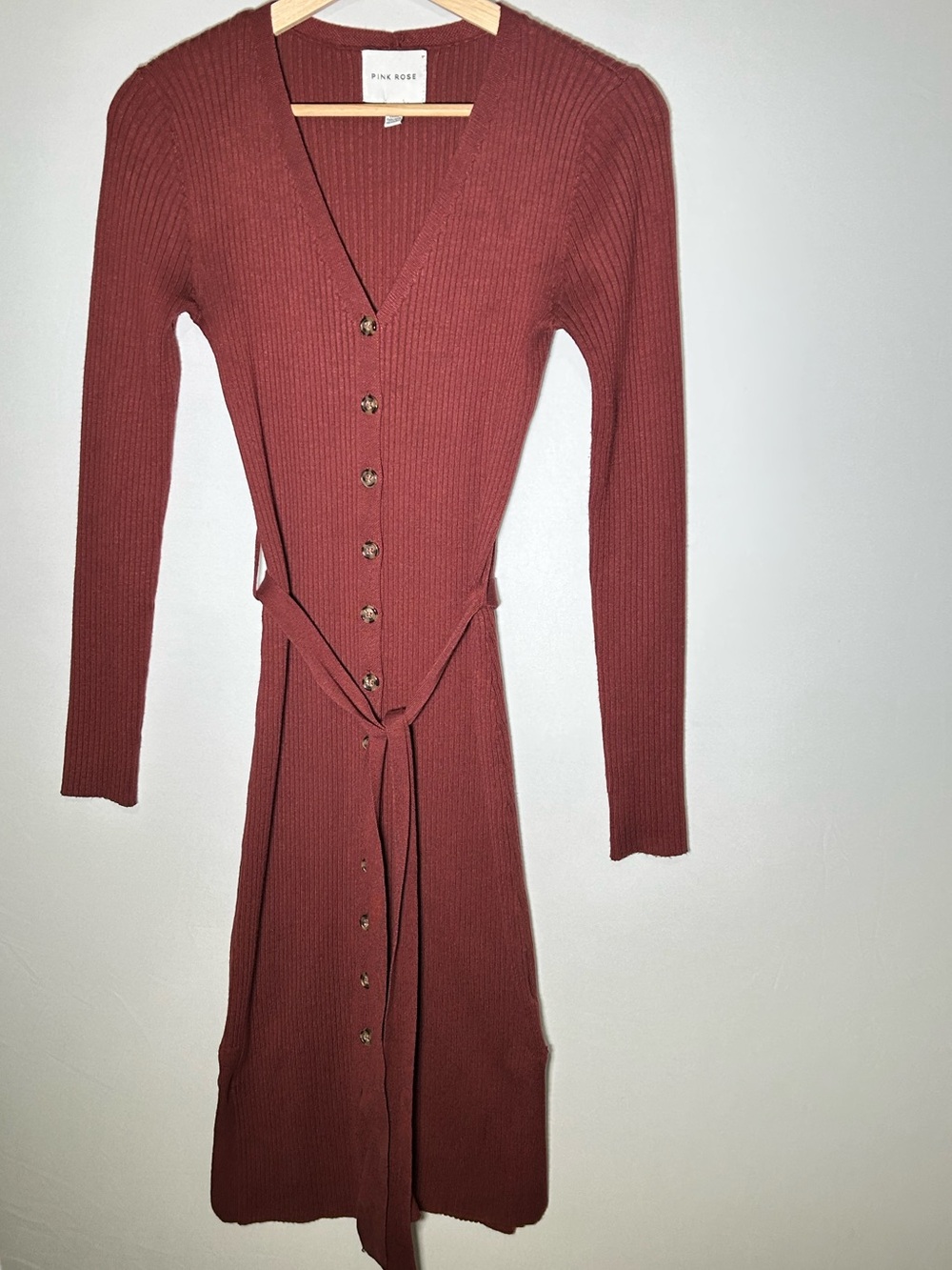 Pink Rose Rust Ribbed Button Front Belted Midi Dress S - Picture 2 of 12